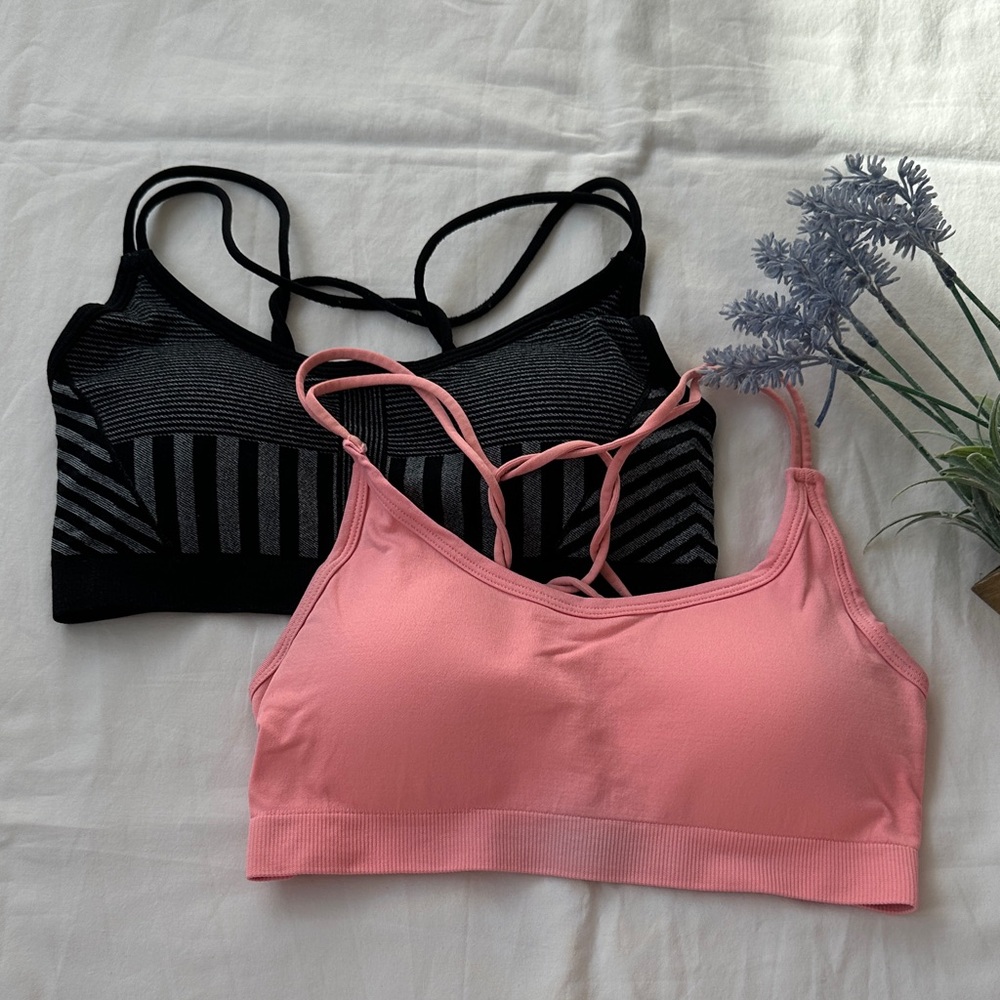 Fabletics Pink & Black Strappy Seamless Sports Bras